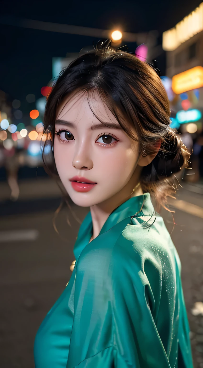 (Best quality,16k,A high resolution,Masterpiece:1.2),Ultra-detailed,(Realistic,Photorealistic,photo-realistic:1.37),Korean fashion beauty, Japanese and Korean beauties ,cute and innocent, Detailed eyes and face, beautiful detailed lips, White teeth ,Long eyelashes , slimification , fashionable in dressing ,Plump upper circumference, Large breasts,(Lovely,Charming:1.1),Colorful street background ,Stylish clothes and accessories ,Portrait style photography ,Vivid colors ,Street lights , không nhìn vào người xem