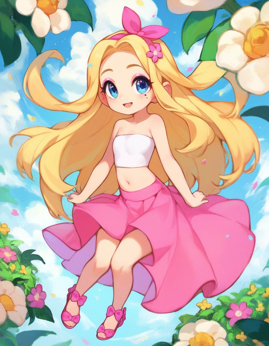 abby, 1girl, solo, long hair, blue eyes, skirt, blonde hair, navel, bare shoulders, full body, flower, midriff, mole, strapless, makeup, mole on right cheek, eyeshadow, pink skirt, tube top