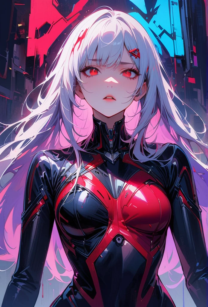 masterpiece, best quality, 8K, Digital painting, 1 girl, solo, stand up, youth, White hair, long white hair, hair accessories, red eyes, round pupils, Emotionless expression, blood stains, Mechanical Parts, electric wire, cable, failure effect, horrifying, science fiction, futuristic, Dark inside the background, neon lights, cyberpunk characters, Surreal, weird, Disturbing, spine-chilling, horrifying, jumpsuit,Red eyes,Venom Possession,blackened,Long black gloves,One-piece Pants,tight latex bodysuit,Highlight her graceful figure,wrap the whole body,symbiont,((Raised sexy)),jumpsuit,Red eyes,Venom Possession,blackened,Long black gloves,One-piece Pants,Black latex clothing,Blood-red eyes,best quality, High resolution, Super detailed, Vivid textures, mask, tight latex bodysuit, Bangs,purple hair, blue eyes