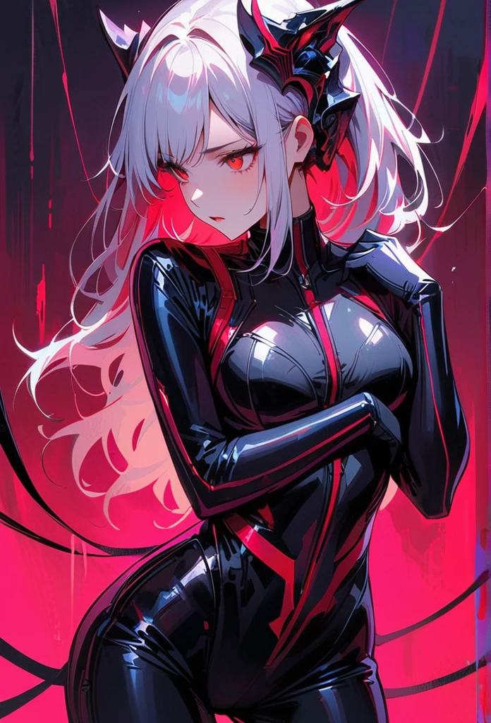 masterpiece， best quality， 8K， Digital painting， 1 girl， solo， stand up， youth， White hair， long white hair， hair accessories， red eyes， round pupils， Emotionless expression， blood stains， Mechanical Parts， electric wire， cable， failure effect， horrifying， science fiction， futuristic， Dark inside the background， neon lights， cyberpunk characters， Surreal， weird， Disturbing， spine-chilling， horrifying， jumpsuit，Red eyes，Venom Possession，blackened，Long black gloves，One-piece Pants，tight latex bodysuit，Highlight her graceful figure,wrap the whole body，symbiont，（（Raised sexy）），jumpsuit，Red eyes，Venom Possession，blackened，Long black gloves，One-piece Pants，Black latex clothing，Blood-red eyes，best quality, High resolution, Super detailed, Vivid textures, mask, tight latex bodysuit, Bangs,purple hair, blue eyes