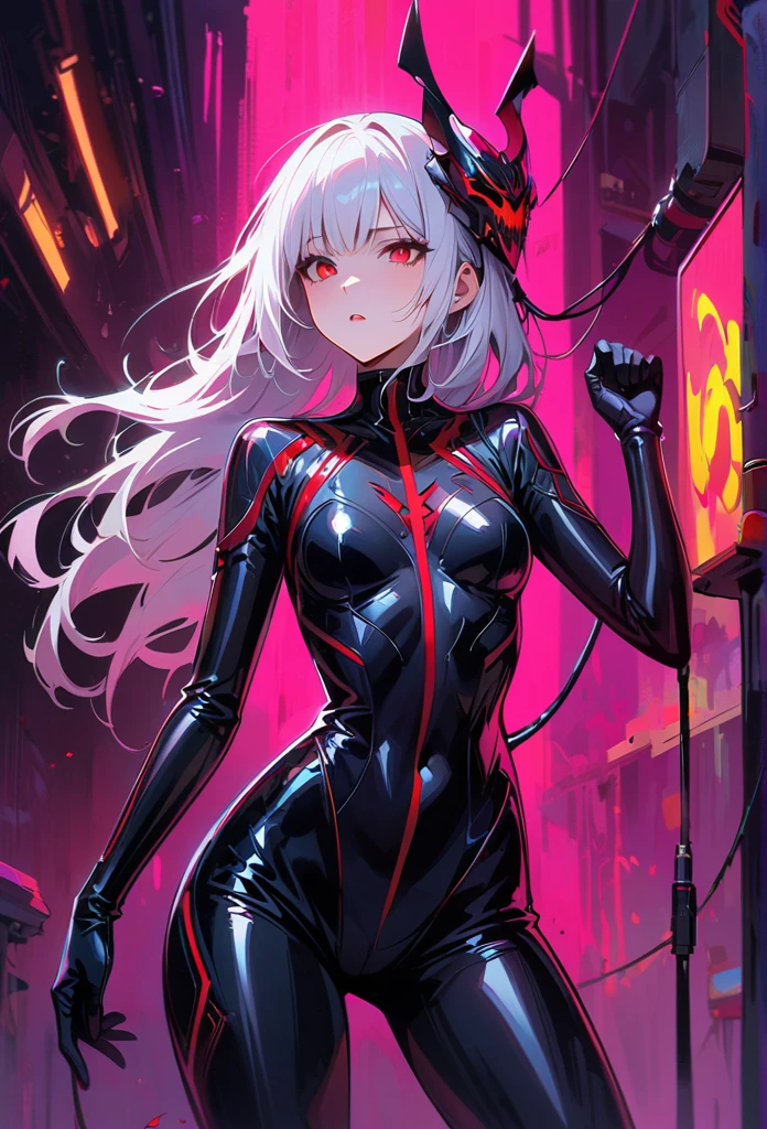 masterpiece, best quality, 8K, Digital painting, 1 girl, solo, stand up, youth, White hair, long white hair, hair accessories, red eyes, round pupils, Emotionless expression, blood stains, Mechanical Parts, electric wire, cable, failure effect, horrifying, science fiction, futuristic, Dark inside the background, neon lights, cyberpunk characters, Surreal, weird, Disturbing, spine-chilling, horrifying, jumpsuit,Red eyes,Venom Possession,blackened,Long black gloves,One-piece Pants,tight latex bodysuit,Highlight her graceful figure,wrap the whole body,symbiont,((Raised sexy)),jumpsuit,Red eyes,Venom Possession,blackened,Long black gloves,One-piece Pants,Black latex clothing,Blood-red eyes,best quality, High resolution, Super detailed, Vivid textures, mask, tight latex bodysuit, Bangs,purple hair, blue eyes