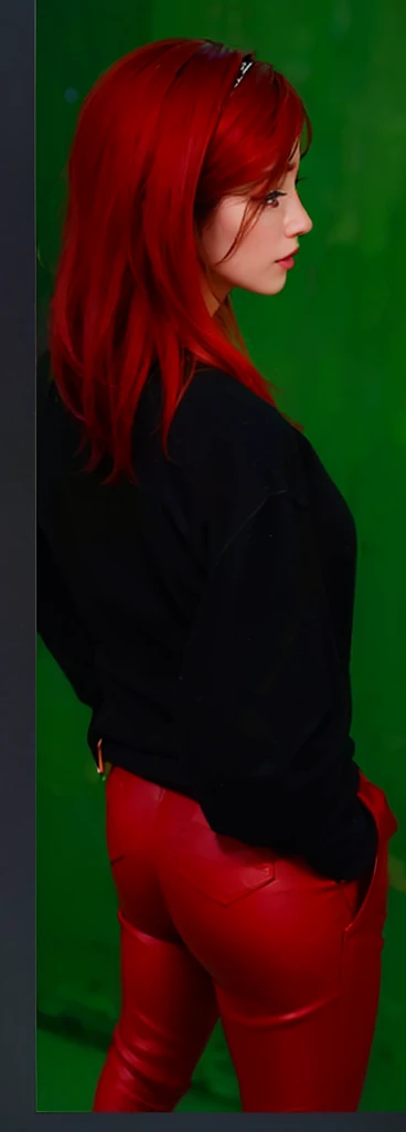 (photorealistic:1.4), (masterpiece, sidelighting, finely detailed beautiful eyes: 1.2), masterpiece*portrait, realistic, 3d face, good photo, 4k, high quality, high resolution, hyper detail, realistic, reality, smooth graphics, red leather pants, back view