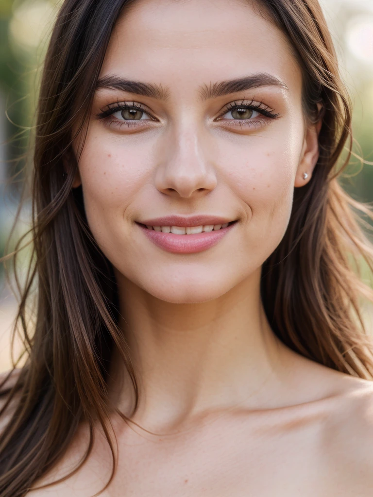a highly detailed and realistic portrait of an attractive young woman, Emma Raducanu, with a beautiful and warm smile, facing the camera, nude, flawless delicate skin, detailed eyes, lush eyelashes, defined eyebrows, small nose, full kissable lips, radiant glowing skin, natural lighting, cinematic, award-winning photography, 8k, photorealistic, hyper detailed