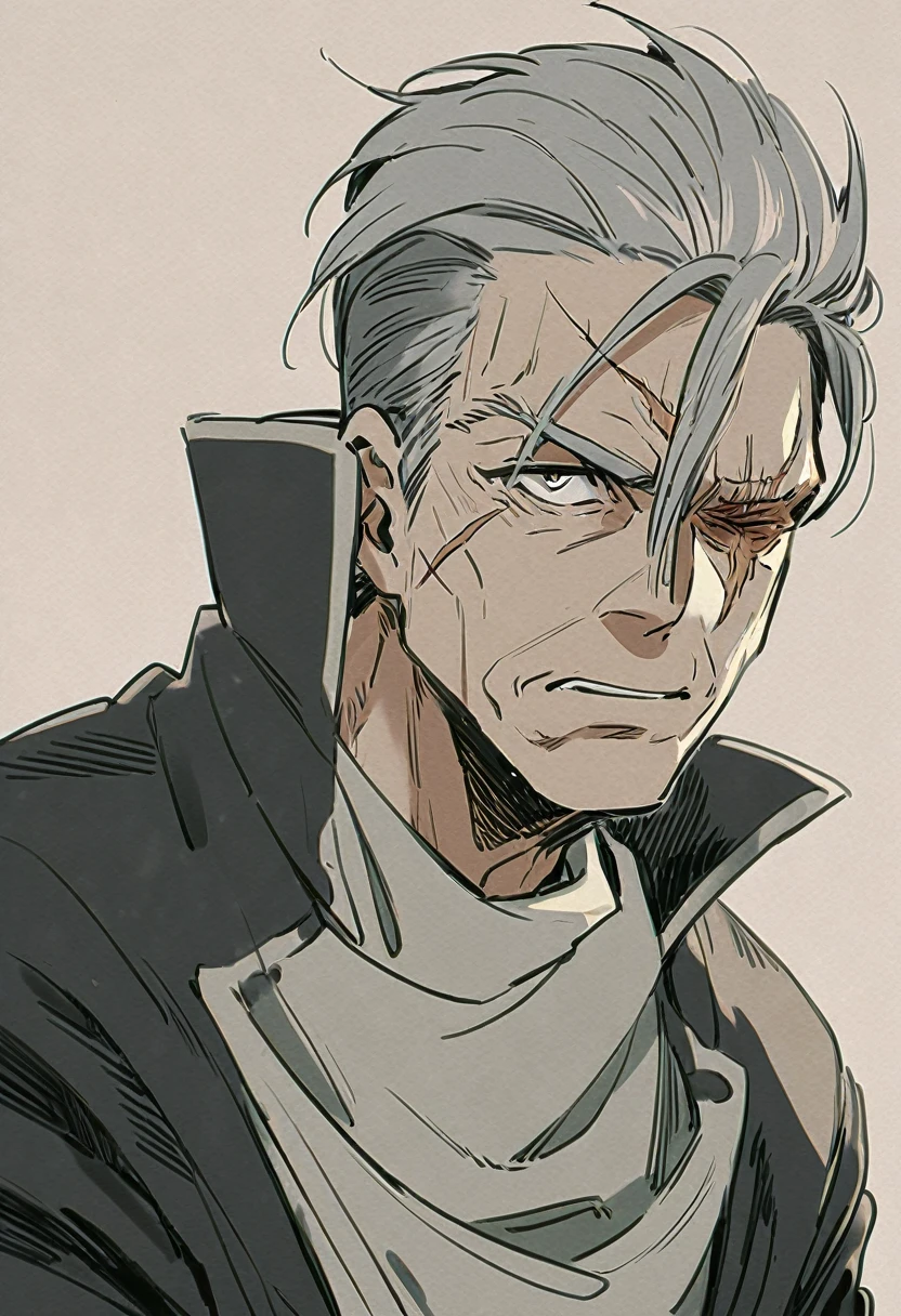 An old, gray-haired man with a sword scar around his eye