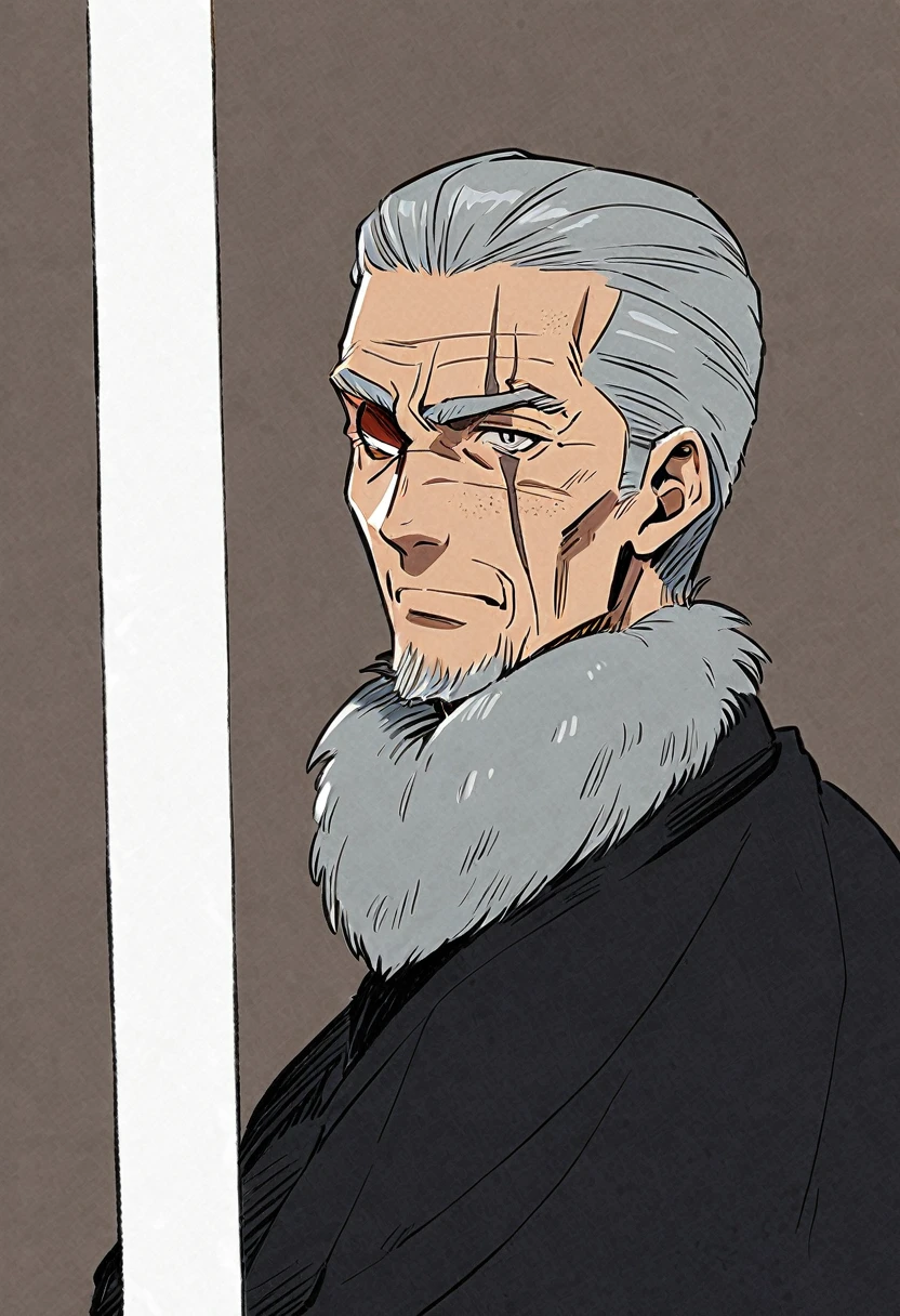 An old, gray-haired man with a sword scar around his eye