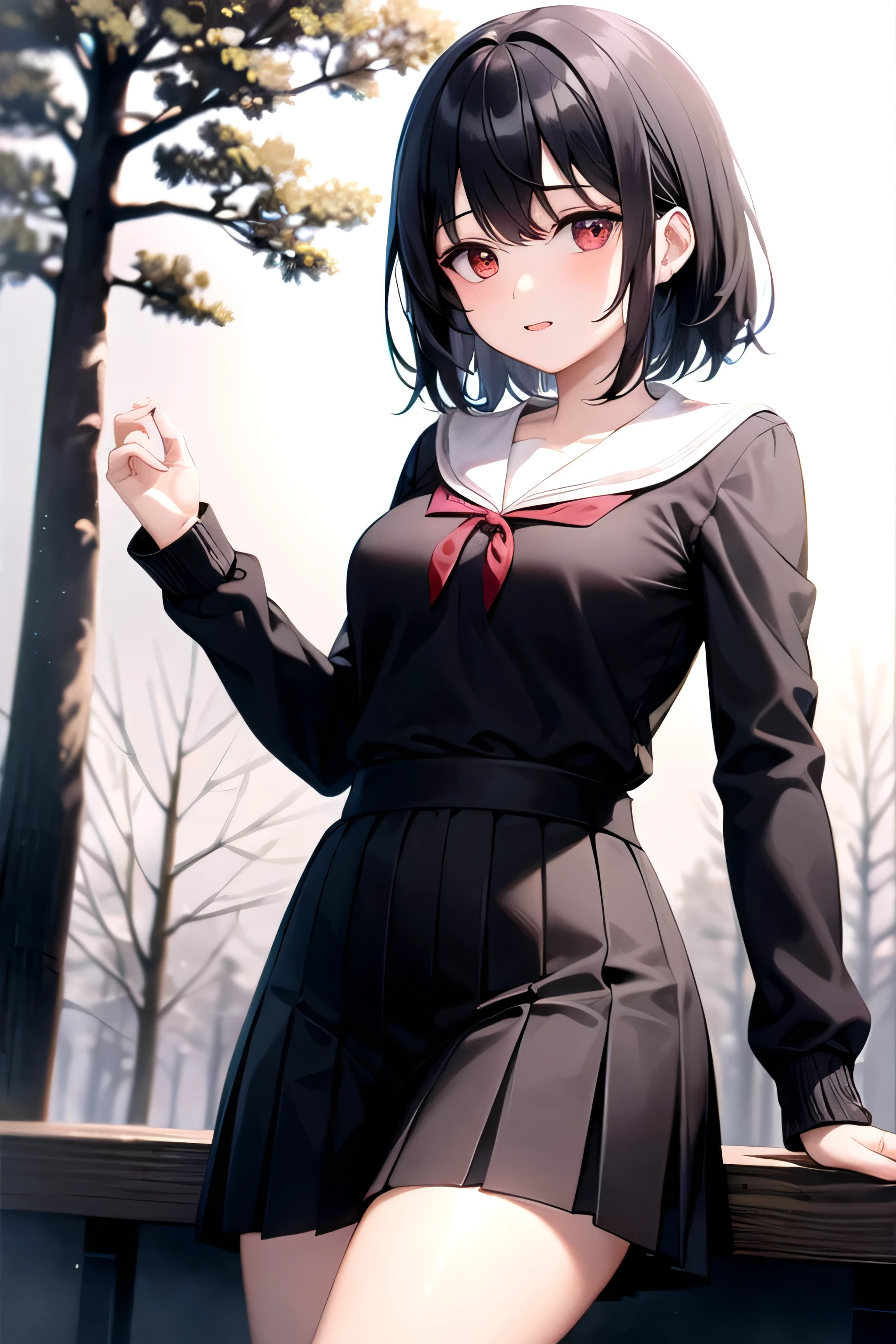 ((Highest quality)), ((masterpiece)), (detailed), One girl, Black and white sailor suit,Black pleated skirt,Red chest ribbon,Red eyes,Black Hair,,Short Hair,,Night Forest