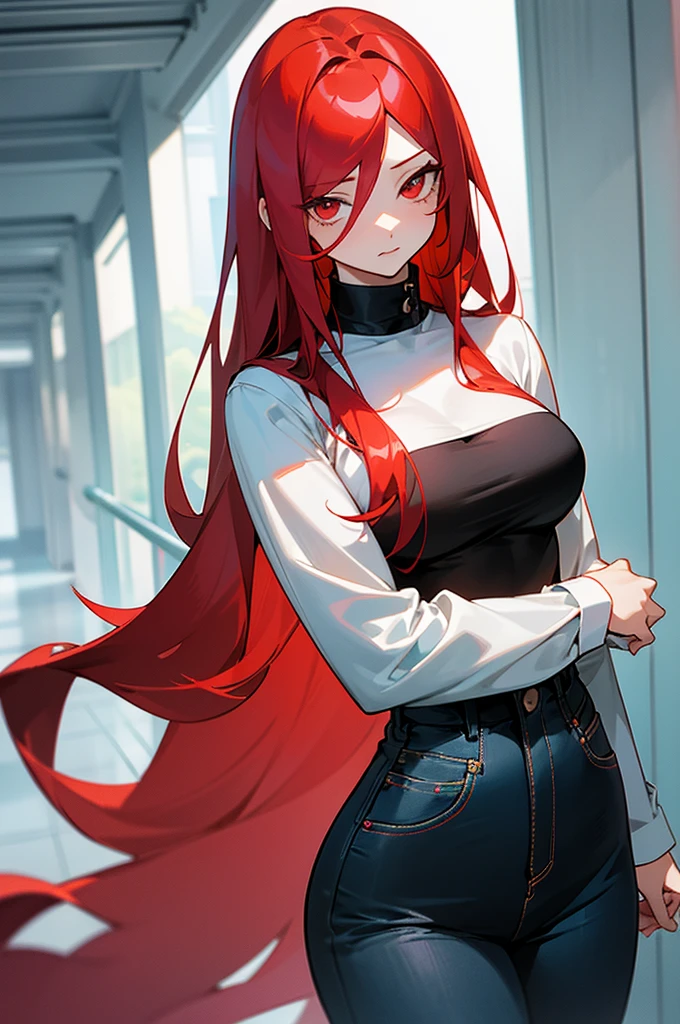 Time: Modern time
Style: anime manwha style
Gender : female
Hair: Long straight red hair
Hair color: red
Eyes: siren eyes
Eyes color: blue
Skin color : white
Body: curvy, with voluminous chest
Height: normal
Clothes:
Upper body: a long white sleeve shirt hugging her upper body
Lower body: black jeans hugging her curvy tight
Background: hallway city