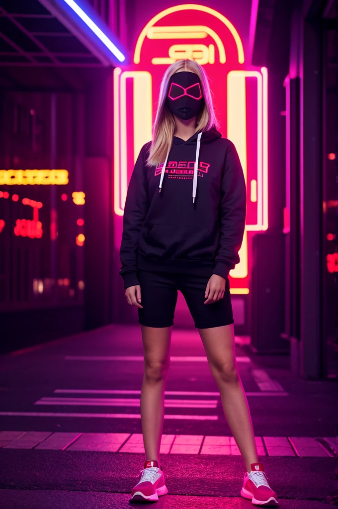 full body maximum image quality, 22 year old blonde girl wearing a sweatshirt and a light red LED hacker mask with cyber city background 8K full HD