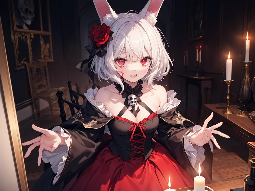 masterpiece, Highest quality, High resolution,(Highest quality,4K,High resolution,masterpiece:1.2),Very detailed,Realistic:1.37,masterpiece, Highest quality, Exquisitely crafted, woman, beautiful, elegant, smile, Blood, iridescent Long Hair, bangs, skirt, shirt, Long sleeve, Frills, shoes, (Red and Black:1.4), flower, spooky, Horror, 頭蓋Bones, Long Hair, Black Hair, Candles, Blood, hair flower, Dead, hair ornaments, Bone, doll, 頭蓋Bone, skeleton, Horror (theme),spooky altar background,Dark fantasy,Red color scheme,Ominous atmosphere,eyeを引く,Storytelling,anatomy,Anime Style,Concept Art,beautiful細部までこだわった顔と (((赤いeye ))),A terrifying ritual ,Satanic Ritual,Premature death,Misconduct,クレイジーなsmile,Scythe Face,Girl Monster, beautiful, Delicate facial features, 鋭いeye, Sharp Fangs, 青White skin, blonde,robot,Cursed Painting, Dark Background, Cinema Lighting, Dramatic Shadows, Gothic style, Gloomy atmosphere, Dark fantasy, One Girl, , Please open your mouth wide, Open your mouth and baring your teeth,Sharp teeth like a beast, Wide lips, very wide mouth, Vermilion cheeks, ,(Bloodしぶき:1.4),Scary smile, smile,Fallen angel design, ねじれたsmile、Bloodまみれの、頭からの出Blood,、Bloodしぶき、,(Bloodしぶき:1.4),Crossbones, 頭蓋Bone,Horror 一人の男の子, Cream colored hair, Gray Hair, Pearly hair, nice boy, Bunny ears, Loose-fitting clothing, Larger clothes, dark red eye, eyeの下のたるみ, dark circles under eye, やみcute, Fluffy hair, Voluminous Hair, skinny, slim, very skinny, Androgynous, cute, spooky, short hair, Horror, Faded colors, White skin, spooky, Unnaturally thin, I'm hungry, eye, eye in background, sharp eye, Long eyelashes, Under the eyelashes, Loose shorts, レースshirt, Frillsshirt, Tie the ribbon'head, Detailed clothing, A loose cardigan, Open cardigan, 滴るBlood, that'terrible, nightmare, Haunted, stitch, patchwork, string, Injury, hell, Injury on arms, self-harm, cut, Black Fingers, factory, Abandoned, A dismembered ghost,Many heads,Many heads,Lots of faces,Multiple faces,Multiple Girls,Frolicking Girl,複数のwoman,tea ,クレイジーなsmile,look up,Face shot,Scythe Face,Girl Monster, slave,beautiful, Detailed portrait, Delicate facial features, 鋭いeye, Sharp Fangs, 青White skin, Thick chain, Dark Background, Cinema Lighting, Dramatic Shadows, Gothic style, Gloomy atmosphere, Dark fantasy, One Girl, , Please open your mouth wide, Open your mouth and baring your teeth,Sharp teeth like a beast, Wide lips, very wide mouth, Vermilion cheeks, ,(Bloodしぶき:1.6),Scary face, Laughter Witch design, ねじれたsmile、Bloodまみれの、頭からの出Blood,,、Bloodしぶき、,(Bloodしぶき:1.6),Crossbones, 頭蓋Bone, , Horrorスタイル, ((Fantasy Witch Costume)), ((Flowing white hair)), ,(Bloodしぶき:1.6),womanの曲線, Large Breasts, Thick thighs, Sexy flat stomach, Perfect hands, Perfect anime face, ((dark ta dress)), Are standing, ((邪悪なsmile)), ,(Bloodしぶき:1.6),Victorian cities, gaslight, Steam circulates, Moonlight Illumination, night lighting, A sky filled with stars and galaxies,disaster々new devil horns,,(Bloodしぶき:1.6),アニメゾンビWitch design, ねじれたsmile、Bloodまみれの、頭からの出Blood,,、Bloodしぶき、,(Bloodしぶき:1.6),Crossbones, 頭蓋Bone,,Photo Background,Wide Shot,Scythe Face,Girl Monster, slave,beautiful, Detailed portrait, Delicate facial features, 鋭いeye, Sharp Fangs, 青White skin, Thick chain, Dark Background, Cinema Lighting, Dramatic Shadows, Gothic style, Gloomy atmosphere, Dark fantasy, One Girl, , Please open your mouth wide, Open your mouth and baring your teeth,Sharp teeth like a beast, Wide lips, very wide mouth, Vermilion cheeks, ,(Bloodしぶき:1.6),Scary face, Laughter Witch design, ねじれたsmile、Bloodまみれの、頭からの出Blood,,、Bloodしぶき、,(Bloodしぶき:1.6),Crossbones, 頭蓋Bone, , Horrorスタイル,
