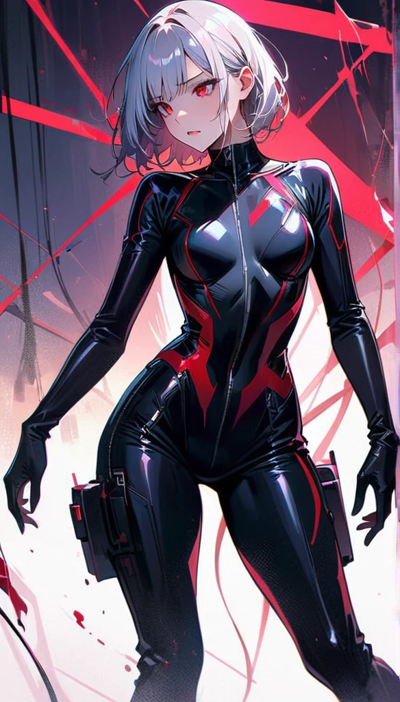 masterpiece, best quality, 8K, number, 1 girl, Solitary, stand up, youth, white hair, Long white hair, Hair accessories, Red Eyes, Round pupil, emotionless expression, Blood, Mechanical Parts, electric wire, cable, Failure Effect, Shocking, Science fiction, Futuristic, The background is darker inside, Neon, cyberpunk characters, Surrealism, Strange, Disturbing, spine-chilling, Shocking, One-piece Pants,Red Eyes,Venom,nigrescence,Long black gloves,One-piece Pants,Tight latex jumpsuit,Highlight her graceful figure,wrap the whole body,Symbiote,((Sexy highlighted)),One-piece Pants,Red Eyes,Venom,nigrescence,Long black gloves,One-piece Pants,Black latex clothing,Blood-Red Eyes,best quality, high resolution, Super detailed, Vivid texture, mask, Tight latex jumpsuit, Bangs,Purple Hair, blue eyes