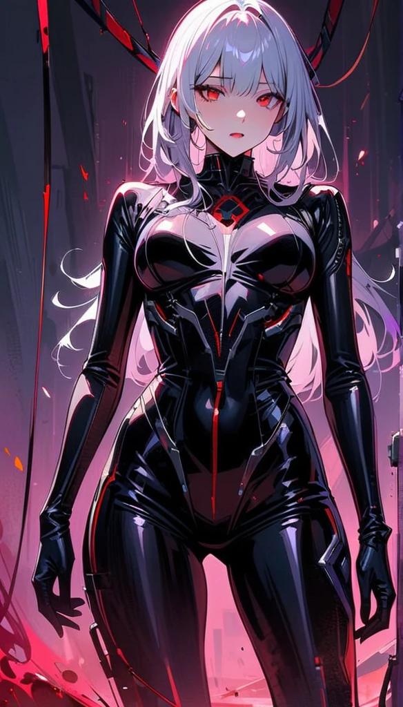 masterpiece, best quality, 8K, number, 1 girl, Solitary, stand up, youth, white hair, Long white hair, Hair accessories, Red Eyes, Round pupil, emotionless expression, Blood, Mechanical Parts, electric wire, cable, Failure Effect, Shocking, Science fiction, Futuristic, The background is darker inside, Neon, cyberpunk characters, Surrealism, Strange, Disturbing, spine-chilling, Shocking, One-piece Pants,Red Eyes,Venom,nigrescence,Long black gloves,One-piece Pants,Tight latex jumpsuit,Highlight her graceful figure,wrap the whole body,Symbiote,((Sexy highlighted)),One-piece Pants,Red Eyes,Venom,nigrescence,Long black gloves,One-piece Pants,Black latex clothing,Blood-Red Eyes,best quality, high resolution, Super detailed, Vivid texture, mask, Tight latex jumpsuit, Bangs,Purple Hair, blue eyes