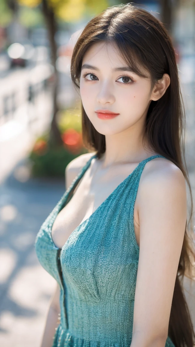 ((Highest quality, 8k, masterpiece:1.3))，One girl，18-year-old，Asian，Realistic texture:1.3，(Background Blur:1.1)，Dress up，tall and slender figure:1.2，(Hot summer weather)，（street:1.3），Highly detailed face and skin texture，Beautiful Eyes，Long eyelashes，double eyelid，Skin whitening，Happy，Various postures，Big Breasts