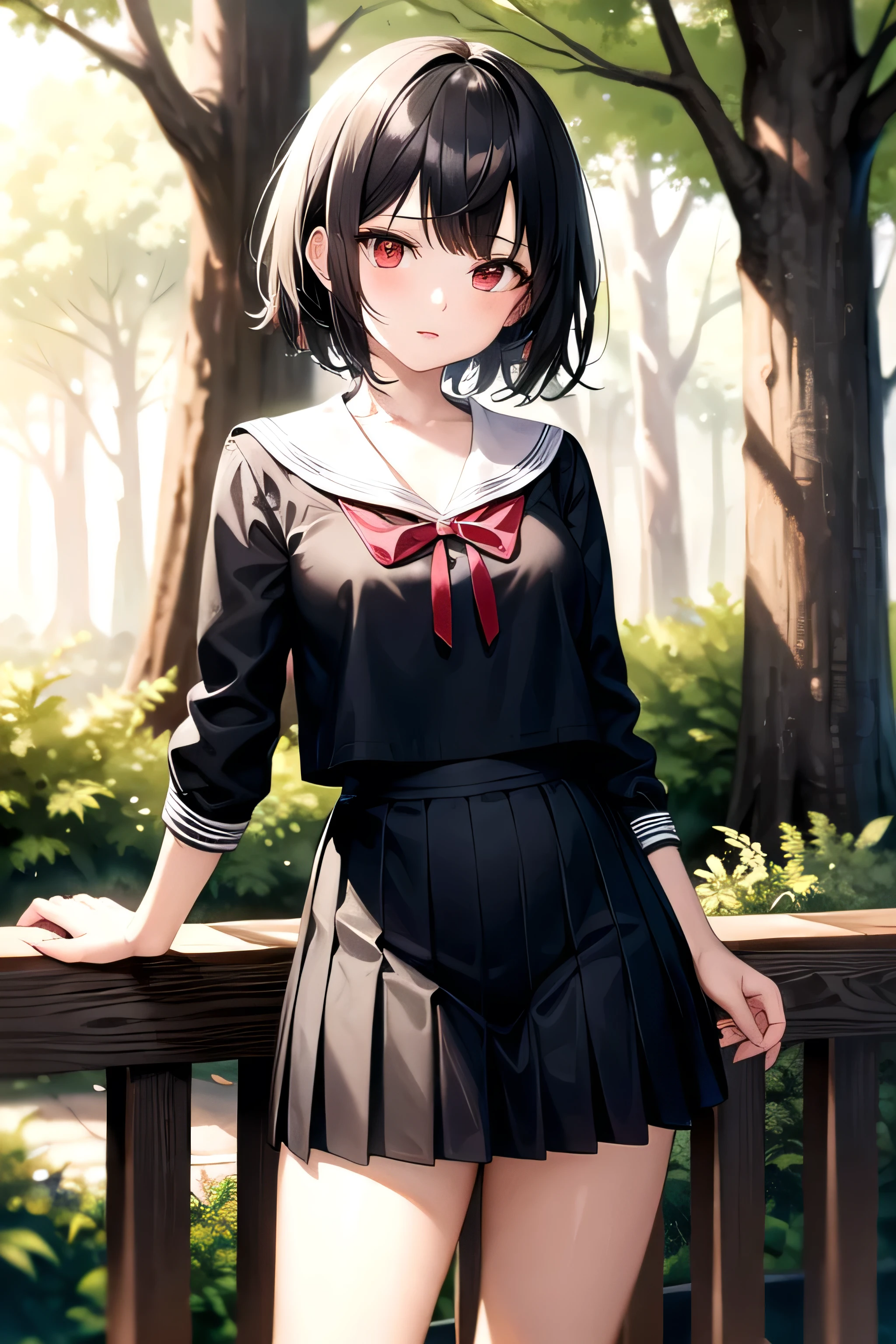 ((Highest quality)), ((masterpiece)), (detailed), One girl, Black and white sailor suit,Black pleated skirt,Red chest ribbon,Red eyes,Black Hair,,Short Hair,,Night Forest
