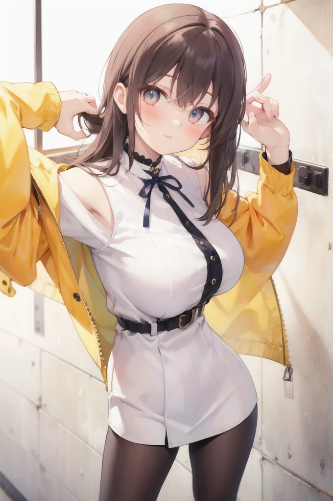 1.5),(girl),(Dynamic pose),Brown Hair,(Vermilion eyes),(first round),Big Breasts,White dress,Yellow coat,Korone