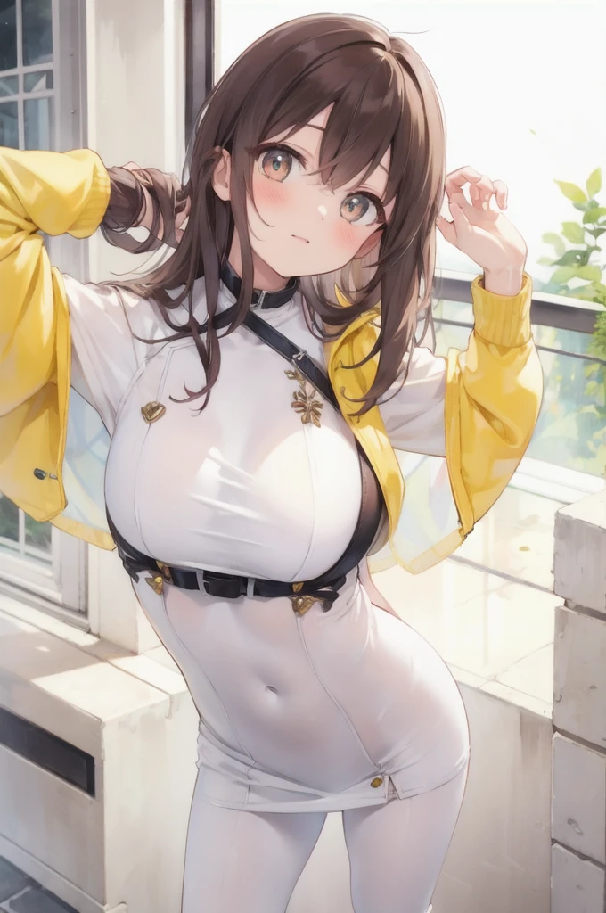 1.5),(girl),(Dynamic pose),Brown Hair,(Vermilion eyes),(first round),Big Breasts,White dress,Yellow coat,Korone