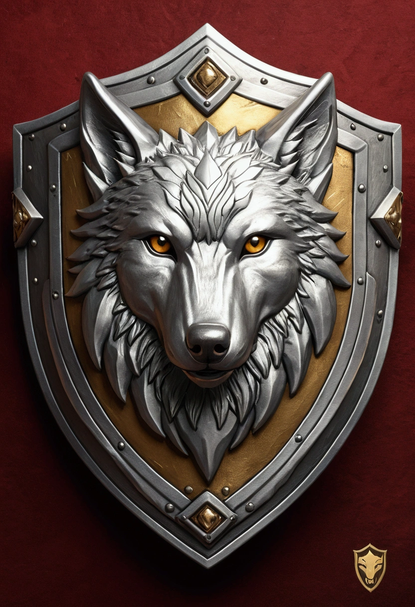 a closeup of a shield with a Wolf on it, fantasy shield, drakenguard inspired, shield emblem, with a wolf emblem, shield design, guild commission, emblem of wisdom, in style of gameofTrhoneedilver gold，Flat 2D effects，Wheat ears, 3D icon for mobile game
