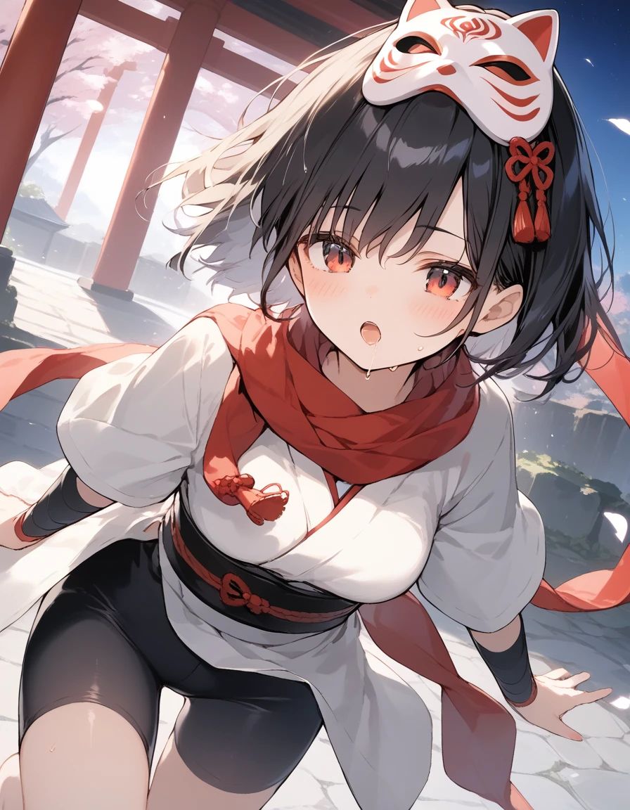 score_9, score_8_up, score_7_up, source_anime, best quality, masterpiece, official art, absurdres, highres, ultra-detailed,waifu2x,Collection: Slice of Life,break,1girl, ninja, noh mask, mask on head, short hair, breasts, beautiful detailed eyes, bike shorts, scarf, (nipple:0.6), sweat, saliva, (yawn:0.5),blush, penis, twitching penis, oral sex, felatio, cum, motion lines,projectile cum, facial, bukkake, heavy breathing, sound effects,expressionless, outdoors, Above torii, night, moon, wind,break,(clear line illustration:1.2), super detailed skin,very high resolution, very aesthetic, Best sexual lighting powered by famous artist, 8k,cute picture,beauty illustration,photoshop_(medium),,(Detailed Lighting),best anime 8k konachan wallpaper, pixiv contest winner,
