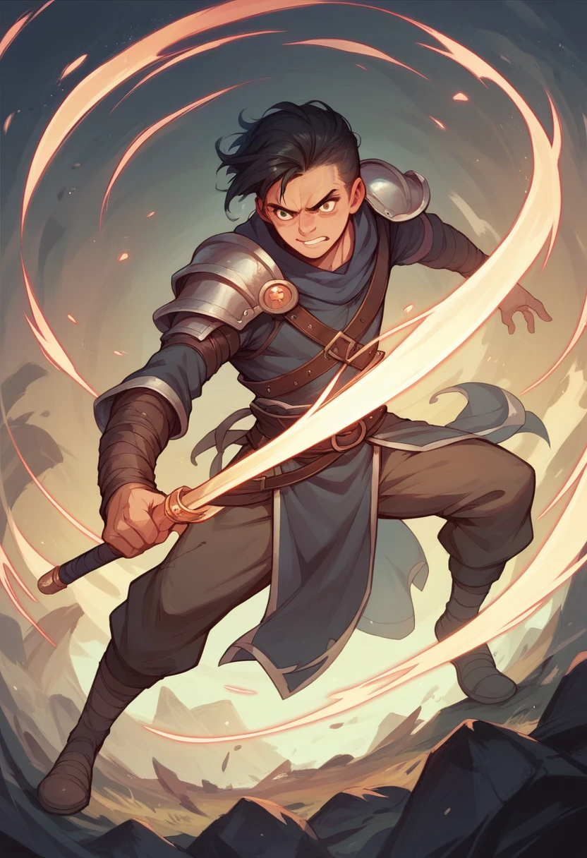 A battle scene of a young black-haired warrior using magic.