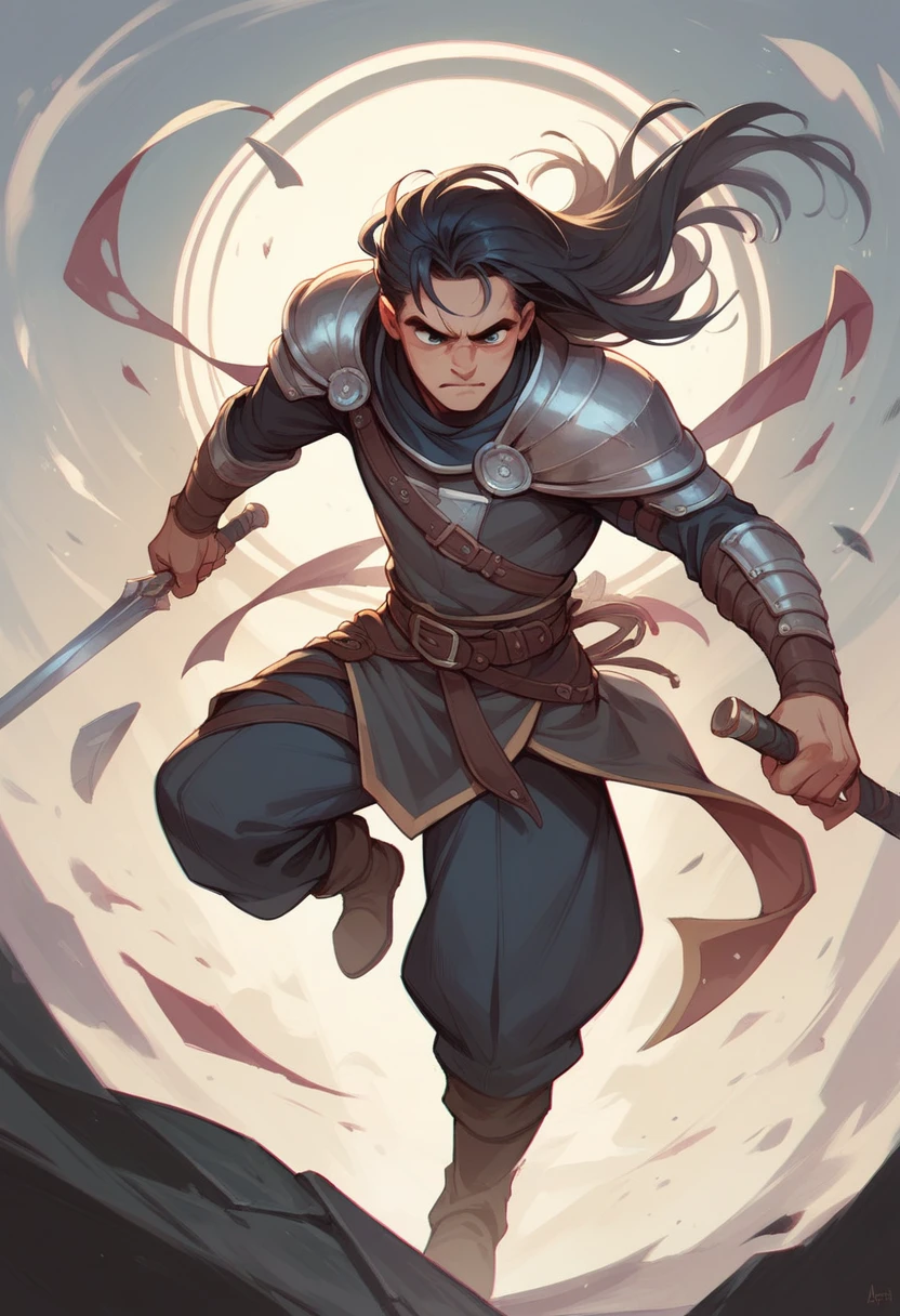 A battle scene of a young black-haired warrior using magic.