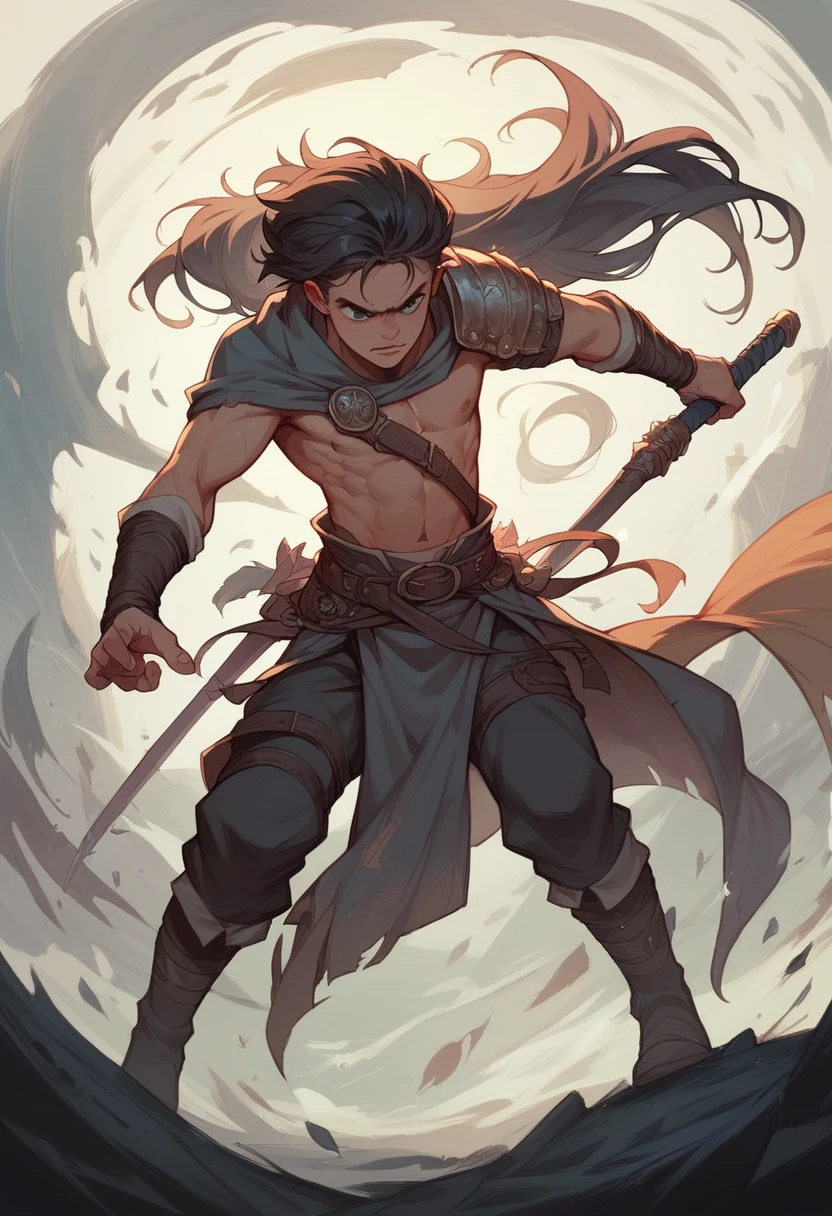 A battle scene of a young black-haired warrior using magic.