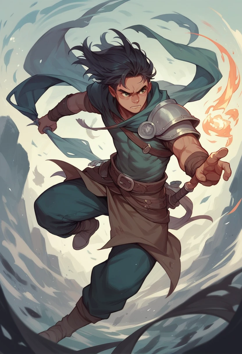 A battle scene of a young black-haired warrior using magic.