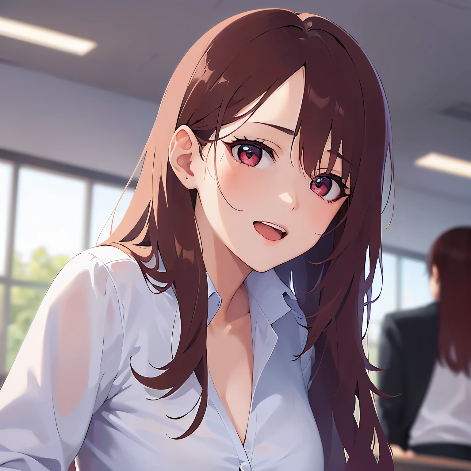 Realistic, real person, RAW photo, photorealistic, portrait photography, shiny skin, 25-year-old woman、(Medium Hair) and (red hair) and (red eyes), (Wearing a business suit:1.5) and (Wearing a white collared shirt)、smile, open mouth, The background is the conference room、Alone
