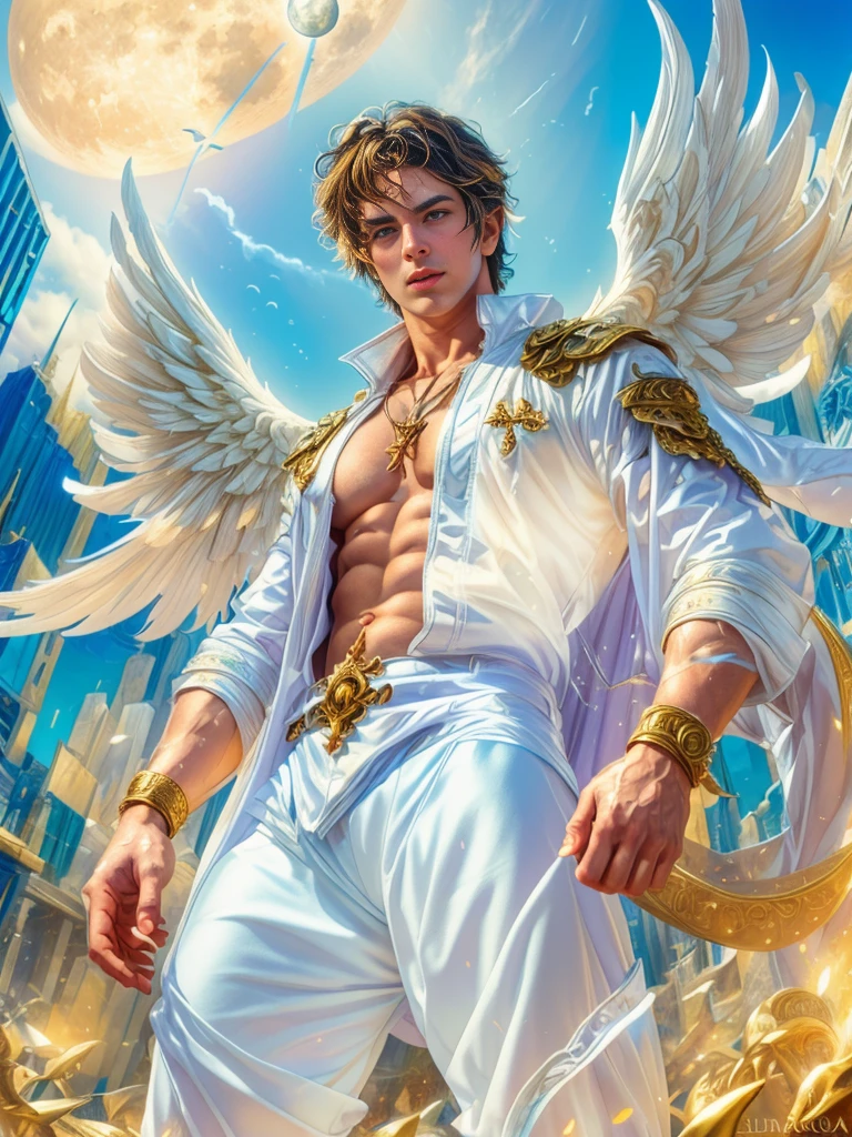 a male god, wear white arab cloak,looking to the sky, have many wings on his back, god of the sea, god of the ocean, luthien, divine art, greek mythology god, god of the moon, god of love and peace,earth mythology god, djibril the angel, stunning portrait of a god, frank kelly freas art style, karol bak style,ultra definition, best quality, 32k ultra, ultra hd