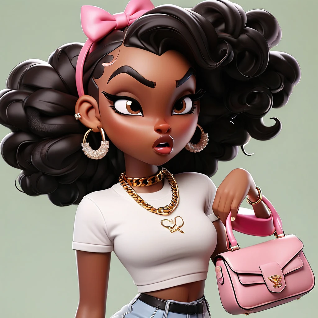 Cute 3D character, a brown skin woman in a white cropped t - shirt and a pink purse, y2k style, thick body, thick hips, black long straight hair , wearing a sexy cropped tops, angry face, mad face, diamond grillz on teeth, pink hair band, black short skirt, doja cat, wearing a cropped top, belly button showing, rapper, graphic tees shirt, pink background