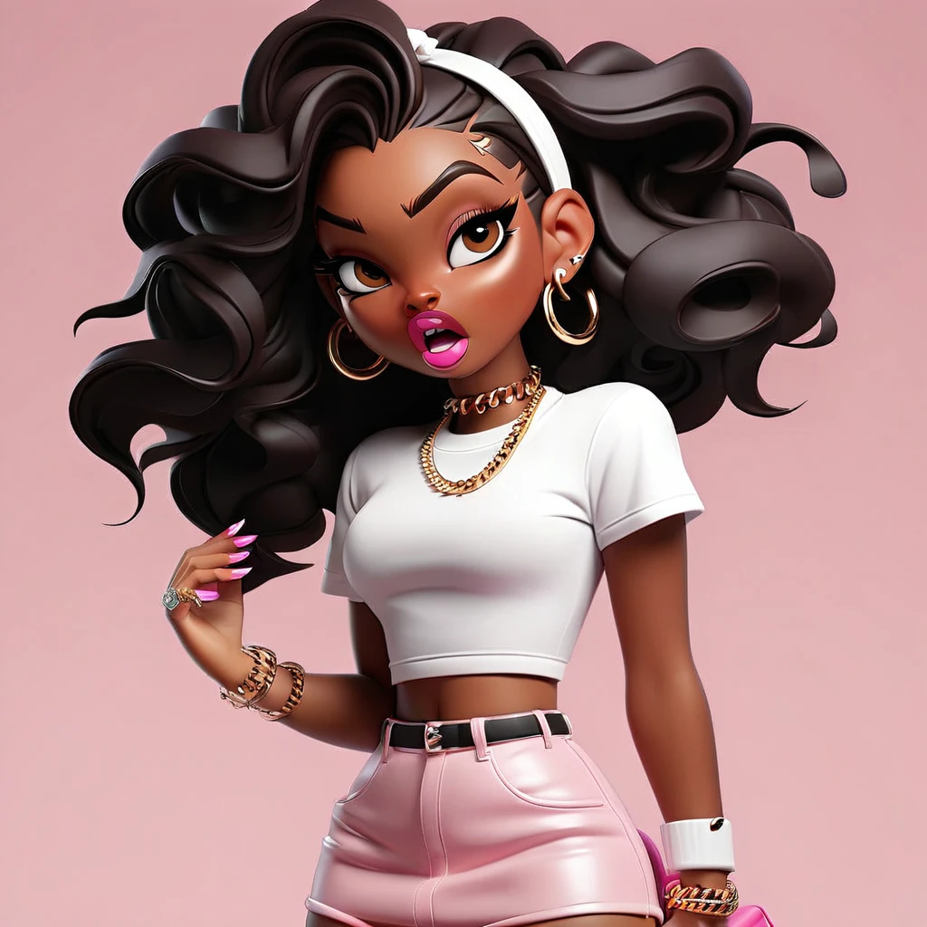 Cute 3D character, a brown skin woman in a white cropped t - shirt and a pink purse, y2k style, thick body, thick hips, black long straight hair , wearing a sexy cropped tops, angry face, mad face, diamond grillz on teeth, pink hair band, black short skirt, doja cat, wearing a cropped top, belly button showing, rapper, graphic tees shirt, pink background