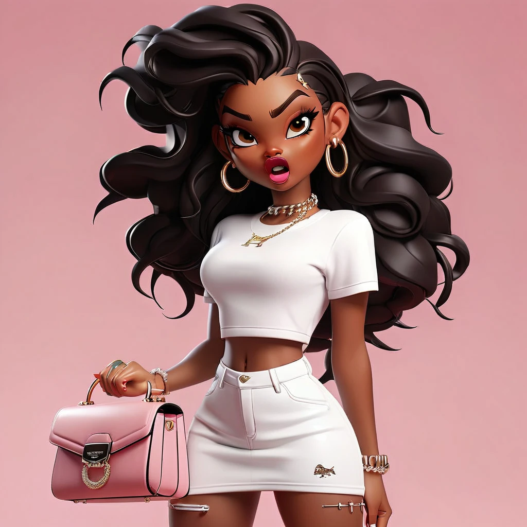 Cute 3D character, a brown skin woman in a white cropped t - shirt and a pink purse, y2k style, thick body, thick hips, black long straight hair , wearing a sexy cropped tops, angry face, mad face, diamond grillz on teeth, pink hair band, black short skirt, doja cat, wearing a cropped top, belly button showing, rapper, graphic tees shirt, pink background