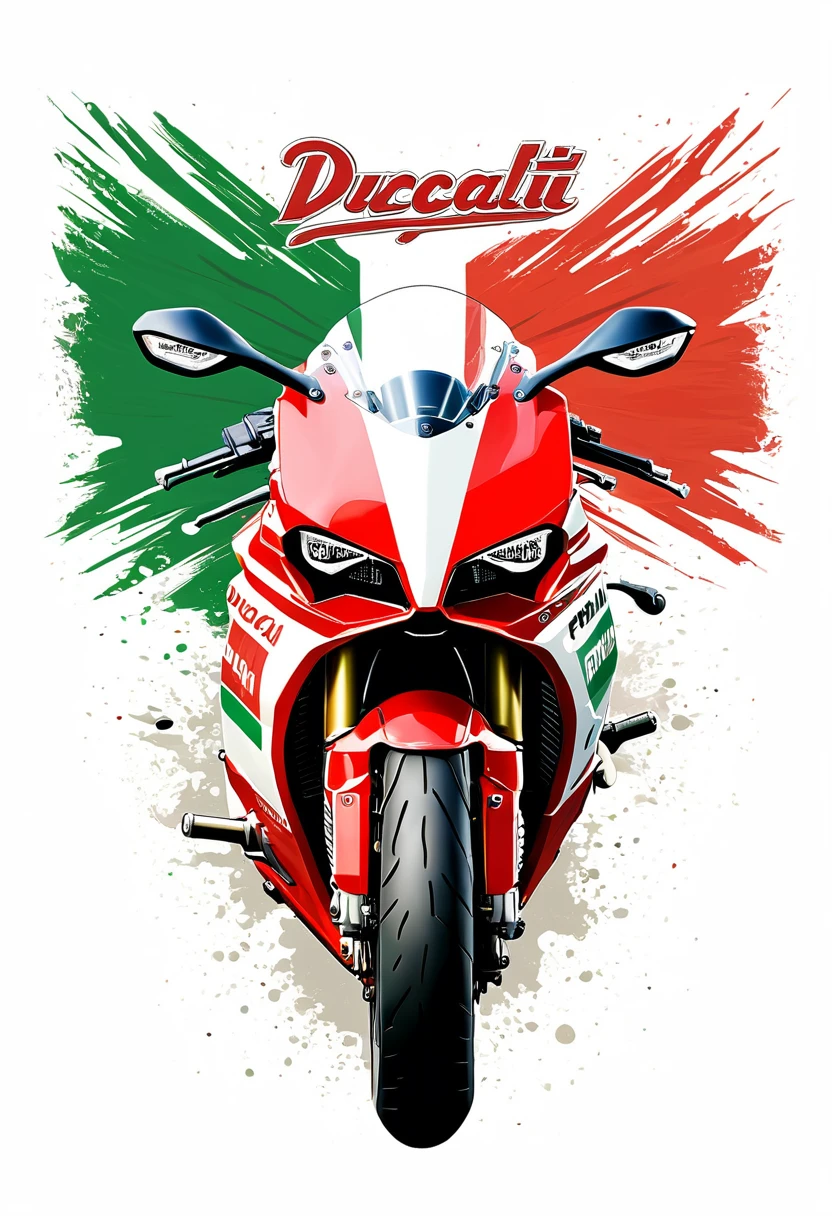 vintage tshirt print design (on a white background:1.2), digital art of a Ducati Panigale V4 superbike front view with the Italian flag subtly incorporated into the design and the writing 'Panigale Power' ,(comics style:1.2), highly detailed, 4k, masterpiece.The white background should be separated from the main image for easier removal.