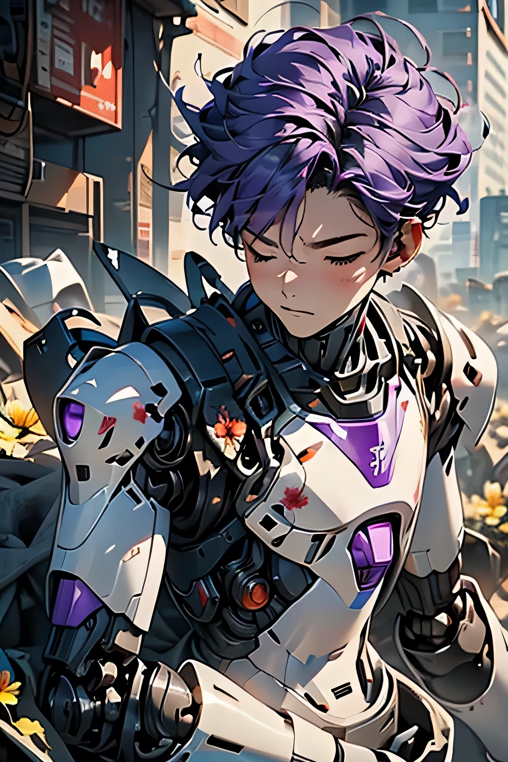 ((Artwork, high quality)), (a robotic hand emerging from a pile of trash and scrap), (delicately holding a flower), (attached to the arm of a  boy), (the rest of his body buried beneath the junk), (purple hair), (eyes closed, giving the impression of lifelessness), (environment completely filled with junk).

