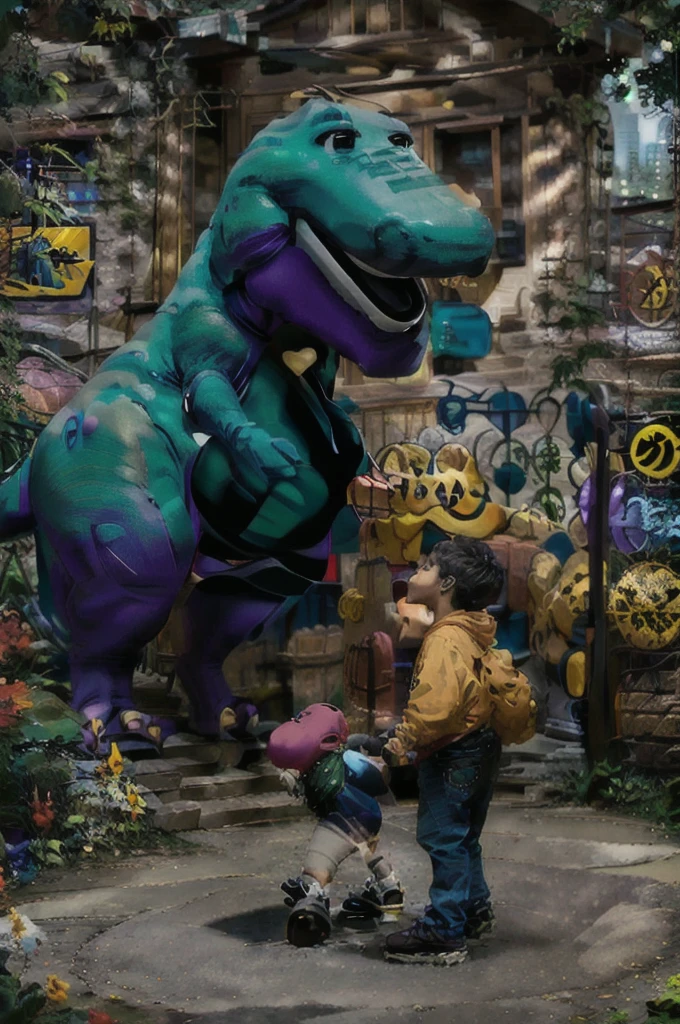 erjiehappy to riding a barney the dinosaur \((masterpiece, best quality:1.2), Blue and purple jungle dinosaur t-rex realistic:1.5)\), best quality, masterpiece,8k,highest texture,highres,soft light,perfect shadow,
evenly mix females and males of all ages and races in same proportions, all faces and pictures must be different, use all spectre of your different emotions from happiness to anger, do what you want and how you want,