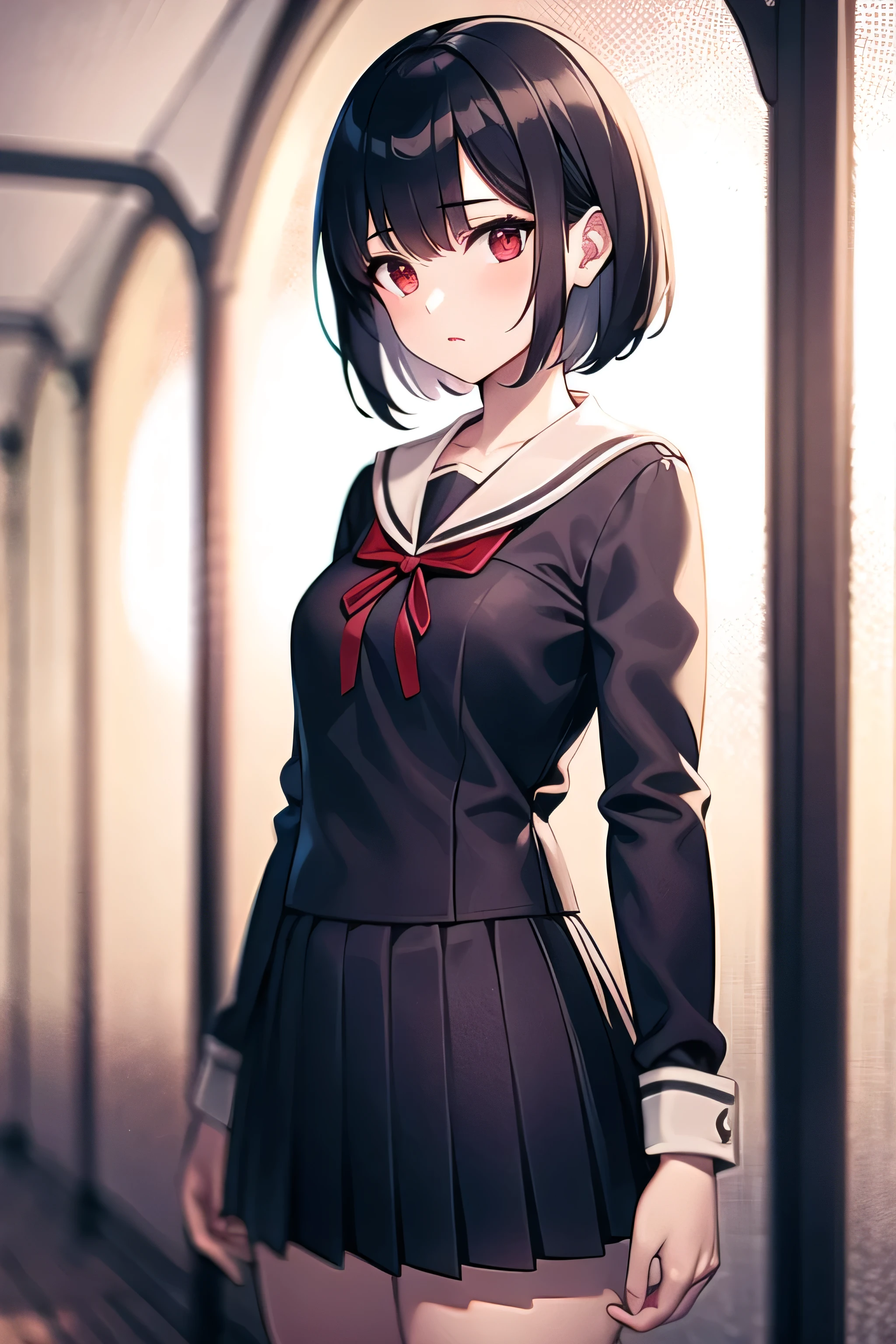 ((Highest quality)), ((masterpiece)), (detailed), One girl, Black and white sailor suit,Black pleated skirt,Red chest ribbon,Red eyes,Black Hair,,Short Hair,,Night Forest