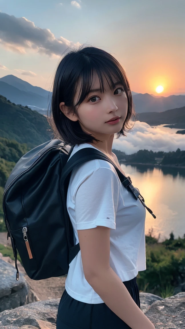 Highest quality, masterpiece, Ultra-high resolution, (Realistic:1.3), RAW Photos, (Nature landscape photography), (Majestic mountain peaks, sea of clouds), (On a very wide mountain), (sunset), (two girls), (Upper Body), (18-year-old), (smile:0.9), (Shiny skin), (short hair, Dark brown hair), (White T-shirt), (Casual shorts), (Carry a large backpack on your back), (Ultra detailed face), (Super beautiful poop), (Highly detailed eyes), (Highly detailed nose), (Highly detailed mouth), (Very skilled hands), (Super-detailed body), Nikon, 85mm lens, f9.0, Pan Focus
