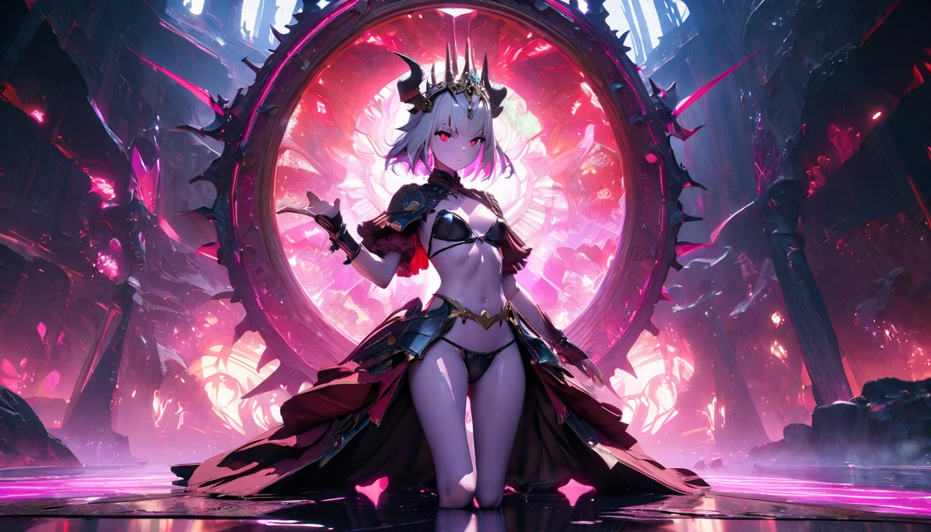 masterpiece, Best quality, 1 girl,photo, Studio photography, Beautiful Alluring female drow knight, she wears an ornate horned crown, Mythological theme, fantasy theme, purple skin, blond long white hair, Red eyes, cup size, Very , Inside a magical dark bioluminescent mushroom forest., Barely dressed, gothic armor bikini with spikes, Beautiful D&d character portrait, Beautiful Fantasy, detailed, Digital art, extreme detail, polished, Beautiful, hyper-detailed, difficult, Develop, meticulous, Anime Character, detailed, anime face, Sharp Focus, unreal engine, 3D rendering, Volumetric lighting, reflections, glossy, digital illustration, sensual pose, defiant pose, full body shot, small firm breasts, Anatomically correct 💖❤💕💋❣, golden ratio composition, cowboy shot, brilliant, brilliant hair, (night:1.2),Dreamy, [[gentle fingers and hands:0.55]::0.85],(detailed fingers),),(emotional),(breathtaking),(main part:1.2) whole body.), (Anime Style), (Super Detailed), (brutal), (uhd, HDR), (8k), (High Resolution: 1.2), (Complex and Beautiful: 1.2)