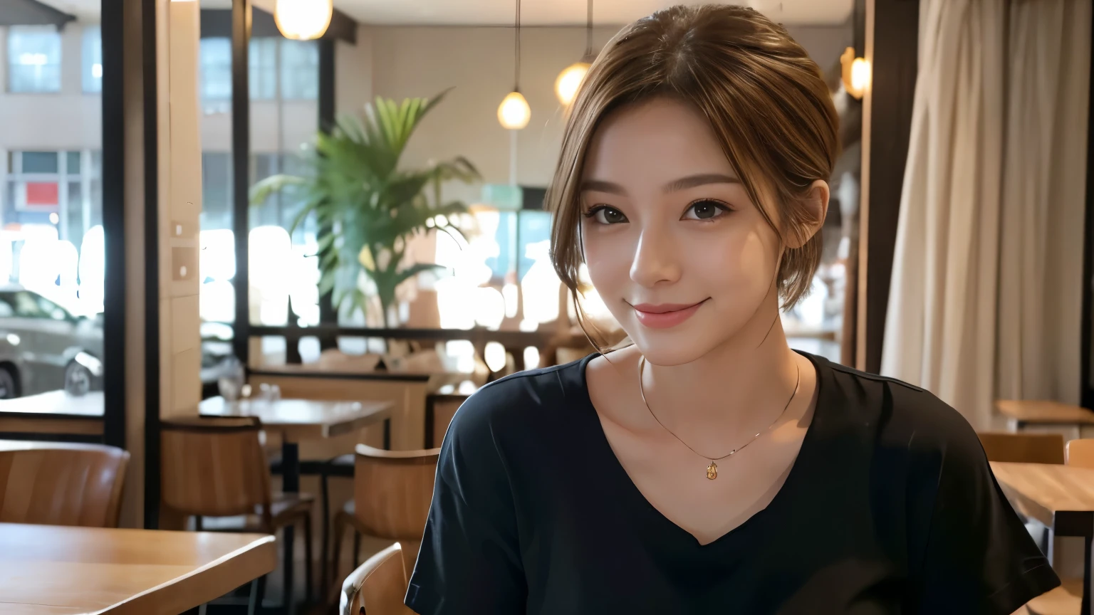 super high quality, smile, Slenderのネックレス, Slender, The staff is working at the counter in the back., (8k、RAW Photos、Highest quality、masterpiece:1.2), Stylish café, (Realistic、Photorealistic:1.37), Beautiful Face , Urban Cafe, Golden Ratio, Raw photo, Light Brown Hair, Small breasts, Bright cafe interior, Blurred Background, Famous actress, Summer clothes, Beautiful hairstyle, Photographed inside the cafe, Hair blowing in the wind, Neat clothes, ponytail, T-Shirts, Very Short Hair, 18-year-old, Cool older sister, Stylish clothes, 
