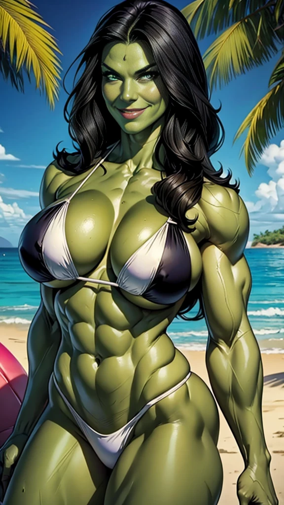 Marvel She Hulk,(Jessica Walters)black hair,big massive muscles,green skin Close up of breasts, pokies,white satin bikini, tropical beach location, smile,seductive flexing pose