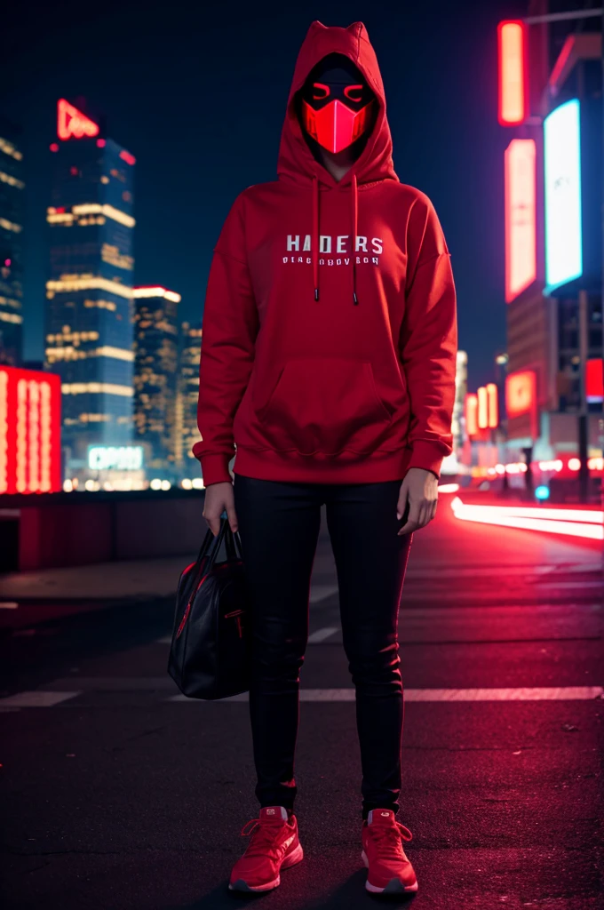 full body maximum image quality, 22 year old blonde girl wearing a red sweatshirt and a light red LED hacker mask with cyber city background 8K full HD