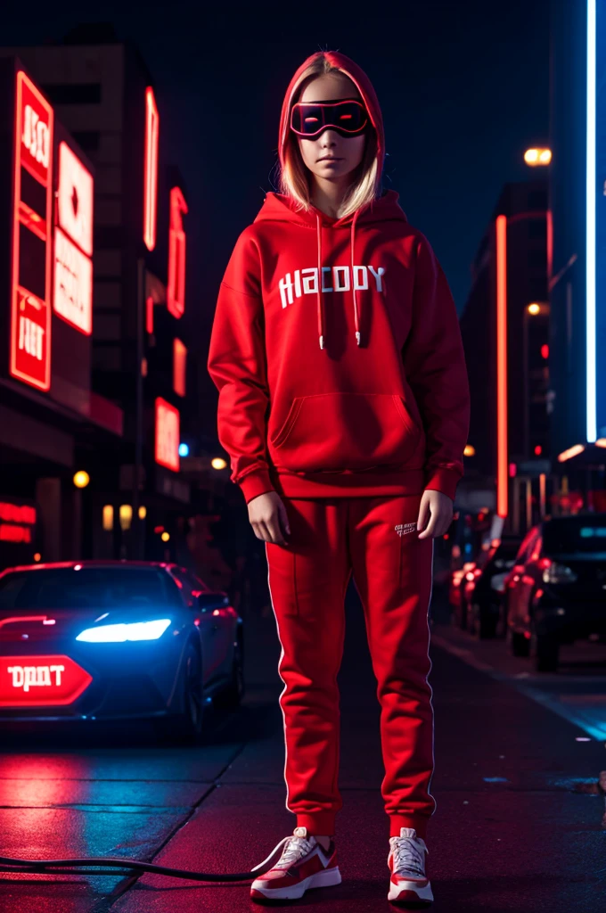 full body maximum image quality, 22 year old blonde girl wearing a red sweatshirt and a light red LED hacker mask with cyber city background 8K full HD