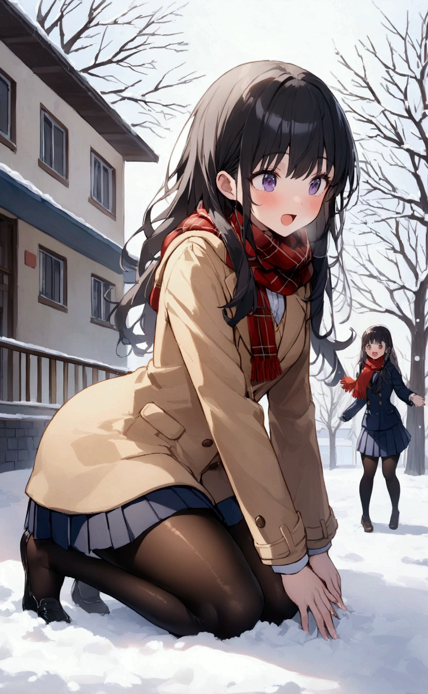 One Woman、beautiful girl、after school、evening、high school girl、Academy、Back of the school building、Schoolyard、winter、Under a big tree、It's snowing、Snowfall、Blazer uniform、Pleated skirt、Duffle coat、Black Pantyhose、Long Hair、Wearing a scarf、Highest quality, Thick thighs、Big 、Big Ass、Black Hair、Slipping on snow、Slip and fall、Fall forward spectacularly、Black panties、Surprised expression、Fall fancy、Fall forward