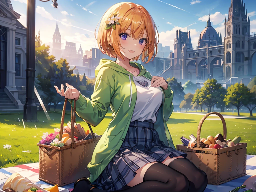 (Recall,food:1.3),(picnic:1.3),basket, Park with a view, Highest quality, grassland park, blue sky, hiking, Best image quality,Perfect Anatomy,masterpiece,Ultra-detailed,beautiful,super high quality, Highest quality,High resolution, Very detailed,Game CG,Dutch Angle ,beautiful細部までこだわった目,Visual Arts,Five Fingers, Perfect hands,Hide your hands, {{{One Girl}}}, beautiful詳細な***, Game CG, Spring flower, One curl on the outside, Short Bob Hair, Pastel orange hair, Purple eyes,Stylish accessories solo, breast enhancement, Medium Shoot, woman, Take-out, Laughter, huge ,,Pastel green checkered mini skirt,Black knee-highs, {{{{{Wearing a pastel green hoodie}}}}},Open your mouth, wonderful, beautiful細部までこだわった目, Highest quality, Very delicate,Masseter muscle area,Highest quality,(Official Art、Highest quality、Unity 8k wallpaper、32K、masterpiece、Ultra-detailed、超High resolution、Realistic、Photorealistic:1.2)、(Cinema Lighting:1.2)、Fire Glow Effect、The most grainy shadows on the film、Side light、Side Shot、(Ultra-detailedで複雑な3Dレンダリング)、Atelier Series, Multiple Girls．