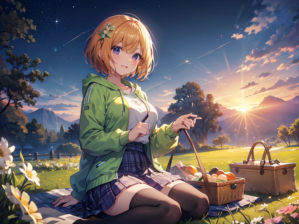 (Recall,food:1.3),(picnic:1.3),basket, Park with a view, Highest quality, grassland park, blue sky, hiking, Best image quality,Perfect Anatomy,masterpiece,Ultra-detailed,beautiful,super high quality, Highest quality,High resolution, Very detailed,Game CG,Dutch Angle ,beautiful細部までこだわった目,Visual Arts,Five Fingers, Perfect hands,Hide your hands, {{{One Girl}}}, beautiful詳細な女の子, Game CG, Spring flower, One curl on the outside, Short Bob Hair, Pastel orange hair, Purple eyes,Stylish accessories solo, breast enhancement, Medium Shoot, woman, Take-out, Laughter, huge ,,Pastel green checkered mini skirt,Black knee-highs, {{{{{Wearing a pastel green hoodie}}}}},Open your mouth, wonderful, beautiful細部までこだわった目, Highest quality, Very delicate,Masseter muscle area,Highest quality,(Official Art、Highest quality、Unity 8k wallpaper、32K、masterpiece、Ultra-detailed、超High resolution、Realistic、Photorealistic:1.2)、(Cinema Lighting:1.2)、Fire Glow Effect、The most grainy shadows on the film、Side light、Side Shot、(Ultra-detailedで複雑な3Dレンダリング)、Atelier Series, Multiple Girls．