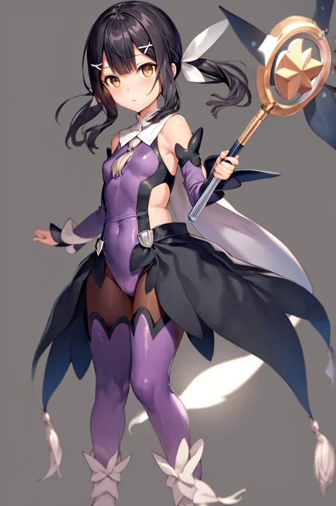 masterpiece, best quality, 1girl, miyumagirl, black hair, twintails, brown eyes, cape, detached sleeves, hair ornament, magical girl, purple leotard, holding wand, standing, solo, simple background, solid grey background