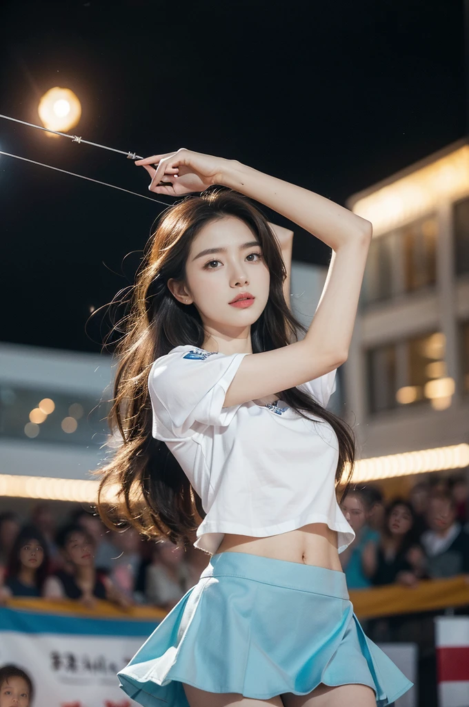 (((best quality))), (((ultra detailed))), (((masterpiece))), illustration,((a beautiful girl,solo)),((slim,thin)),((small breasts,flat chest,claviclis,navel)),(white shirt with blue short sleeves:1.5),(blue mini-skirt:1.3),(slender legs:1.2),dancing,((on a stage,outside a shopping mall, at the entrance of a beer promotional event,on the street)), ((surrounded by crowded crowds)),((her hair and the edges of her skirt fluttering in the air)), the girl's attire reflecting the vibrant spirit of summer, a sense of youthful charm and confidence exuding from her, her hair flows freely in the wind, the fluttering skirt accentuating her graceful movements, her expressive eyes and infectious smile drawing people closer, the stage adorned with colorful decorations, the vibrant atmosphere enhanced by the enthusiasm of the crowd, onlookers of various ages captivated by her performance, clapping, cheering, and taking photos, the girl's graceful dance transforming the ordinary streets into a vibrant and lively venue, her energy and charisma captivating the audience, the scene encapsulating the spirit of summer and the beauty of artistic expression,(night scene:1.3),(from front:1.3)
