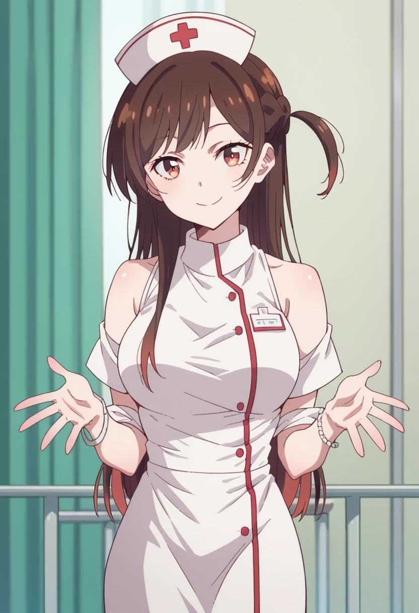 masterpiece, best quality, highres, chi1, 1girl, long hair, one side up, solo, bracelet, bangs, bare shoulders, nurses，hospitals，White nurse clothes，White nurse hat，looking at viewer，nurse, cowboy shot, smile,braid,chizuru ichinose