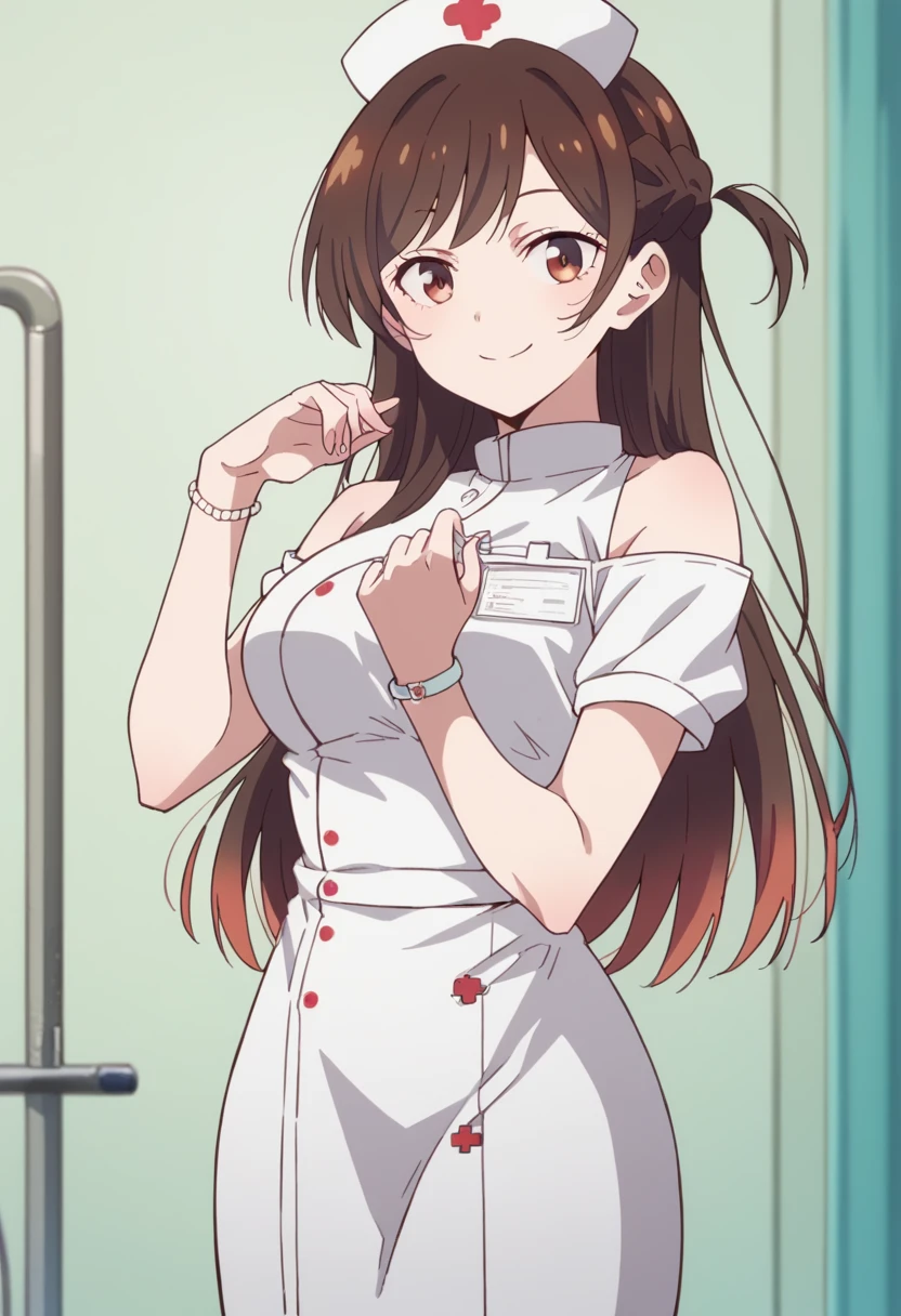 masterpiece, best quality, highres, chi1, 1girl, long hair, one side up, solo, bracelet, bangs, bare shoulders, nurses，hospitals，White nurse clothes，White nurse hat，looking at viewer，nurse, cowboy shot, smile,braid,chizuru ichinose