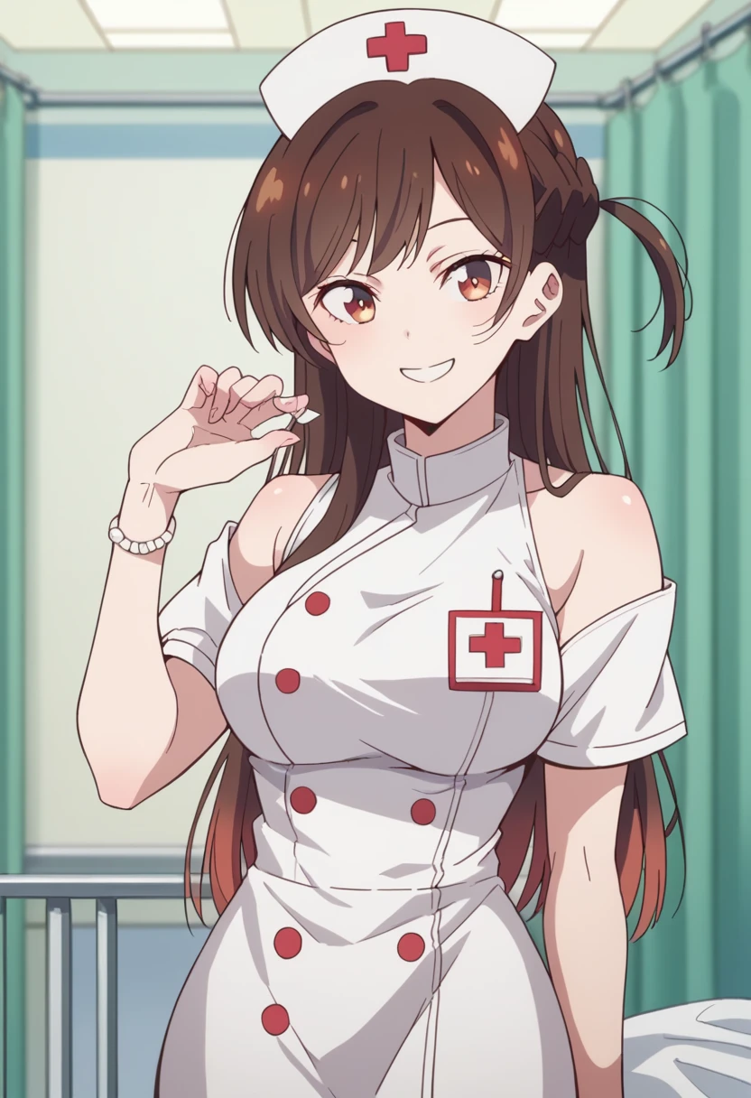 masterpiece, best quality, highres, chi1, 1girl, long hair, one side up, solo, bracelet, bangs, bare shoulders, nurses，hospitals，White nurse clothes，White nurse hat，looking at viewer，nurse, cowboy shot, smile,braid,chizuru ichinose