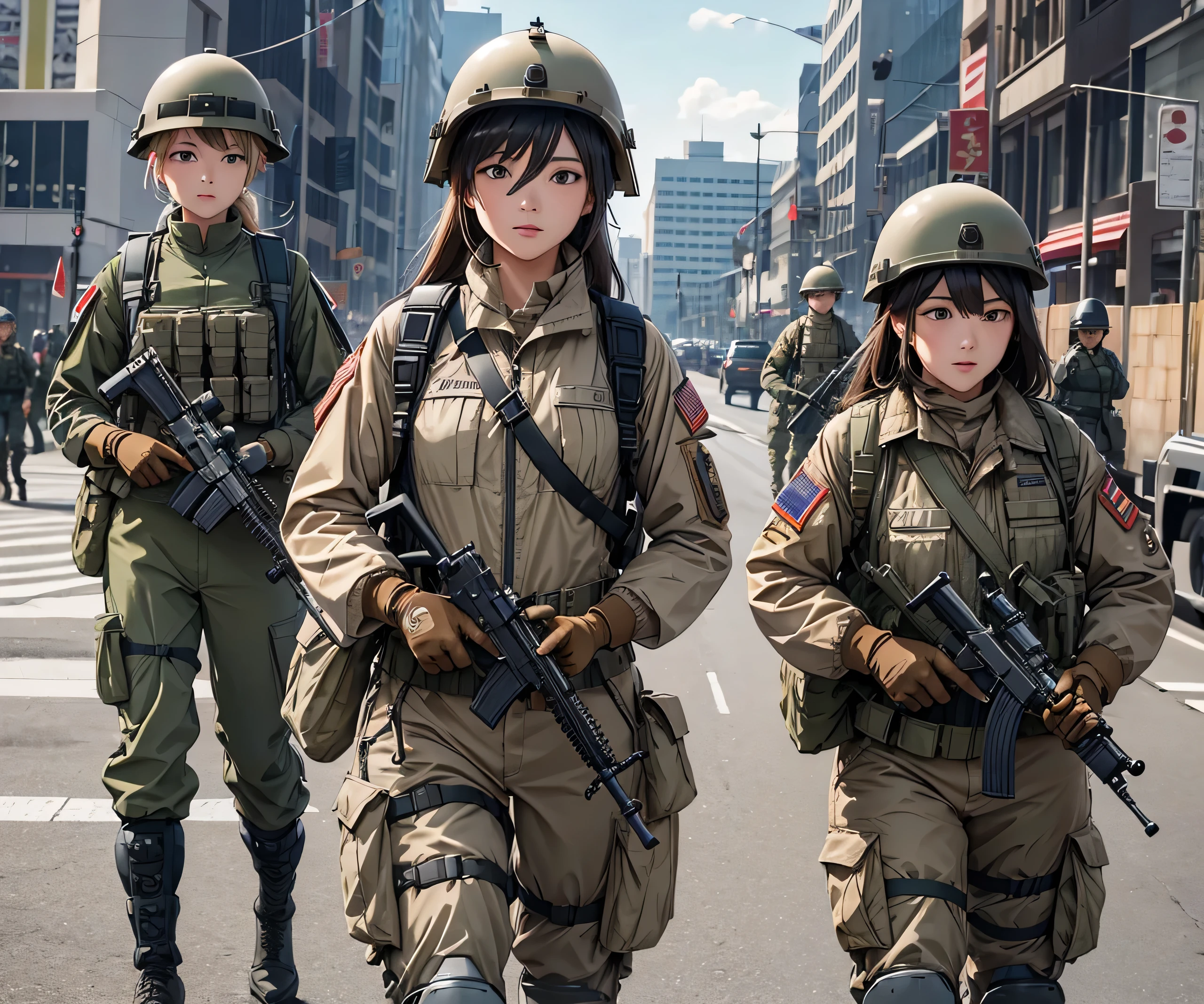 A group of female infantrymen participating in the military parade、Fully dressed beige M-51 military jacket、Wear a steel helmet、Magazine Pouch、Tactical Vest、Gloves、Military Pants、Knee pads，Write details、masterpiece、best quality、Highly detailed CG、8K picture quality