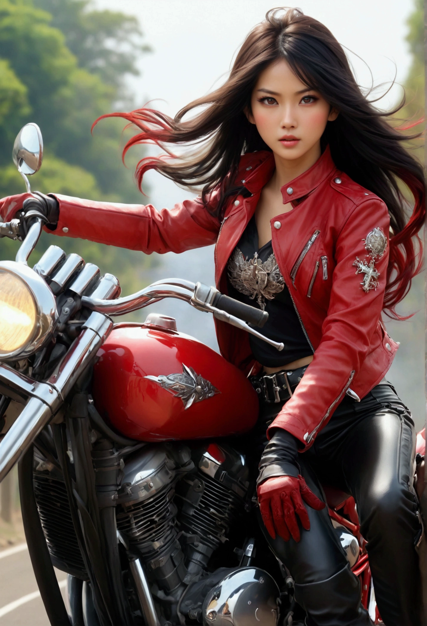 (Best Quality,4K,High resolution), high-level image quality、High quality pixels、Resolution up、Female rider riding motorcycle on national highway、Intricately decorated red rider jacket、Navel Ejection、Tight leather pants、cross belt、Long hair with red highlights on black hair、Drift Metallic Red Bike、Expresses a sense of speed and dynamism、Realistic depiction with delicate details、sharp eye、Full body projection